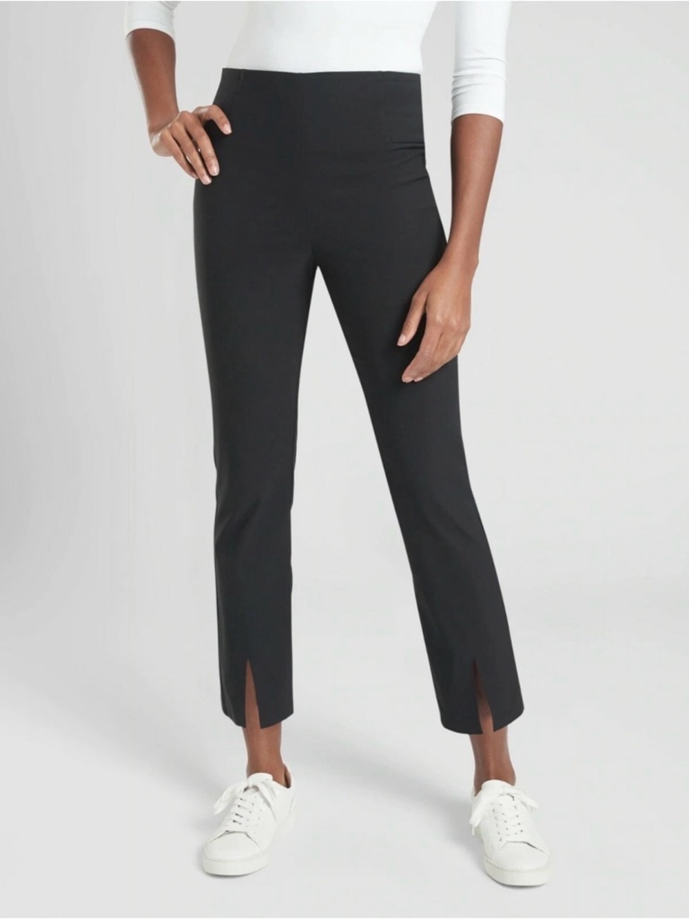 Athleta Wander Slim Straight Pants Black Size 6 Stretch Travel Work Ankle Slit